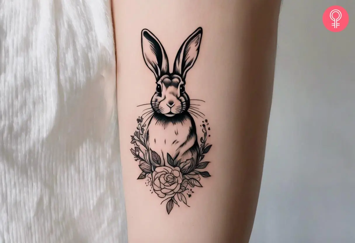 A rabbit tattoo on the woman’s arm