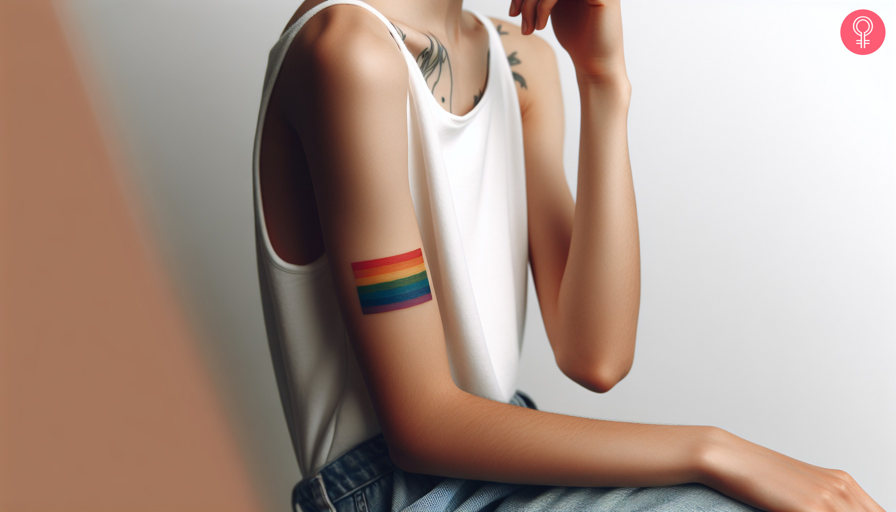 A rainbow flag tattoo on the upper arm of a woman