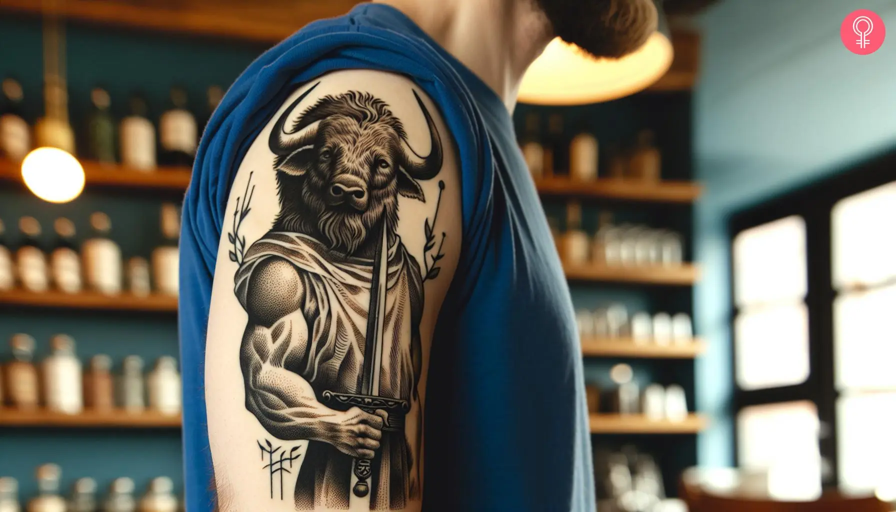 A realistic Minotaur tattoo on the upper arm of a man