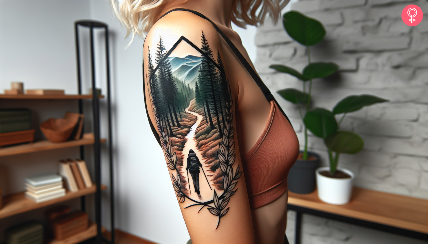 A realistic airbrush tattoo of a scenic hiking trail