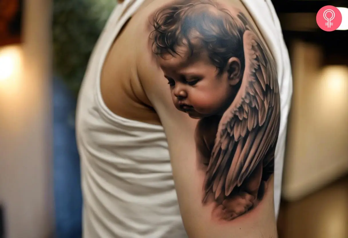 A realistic baby angel with wings tattoo on the arm of a man