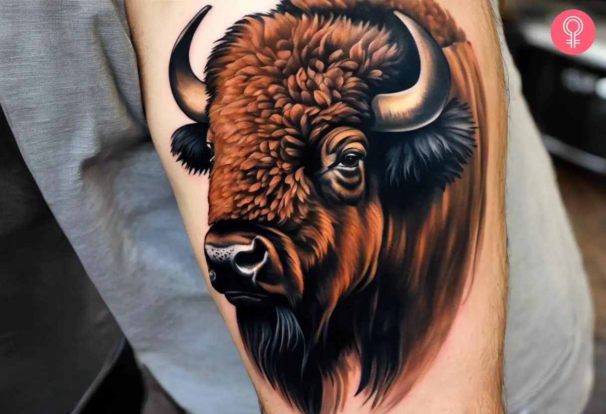 A realistic bison tattoo on the upper arm of a woman