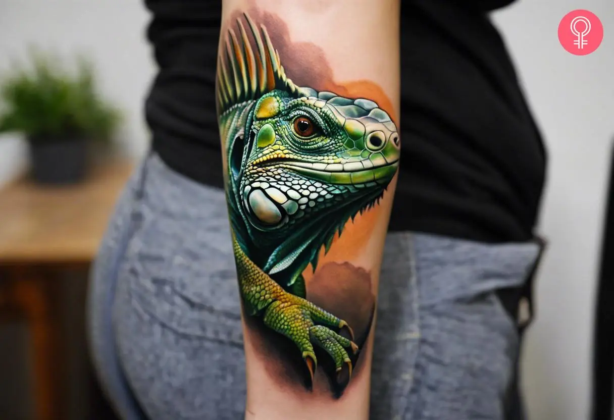 A realistic green iguana tattoo inked on the forearm