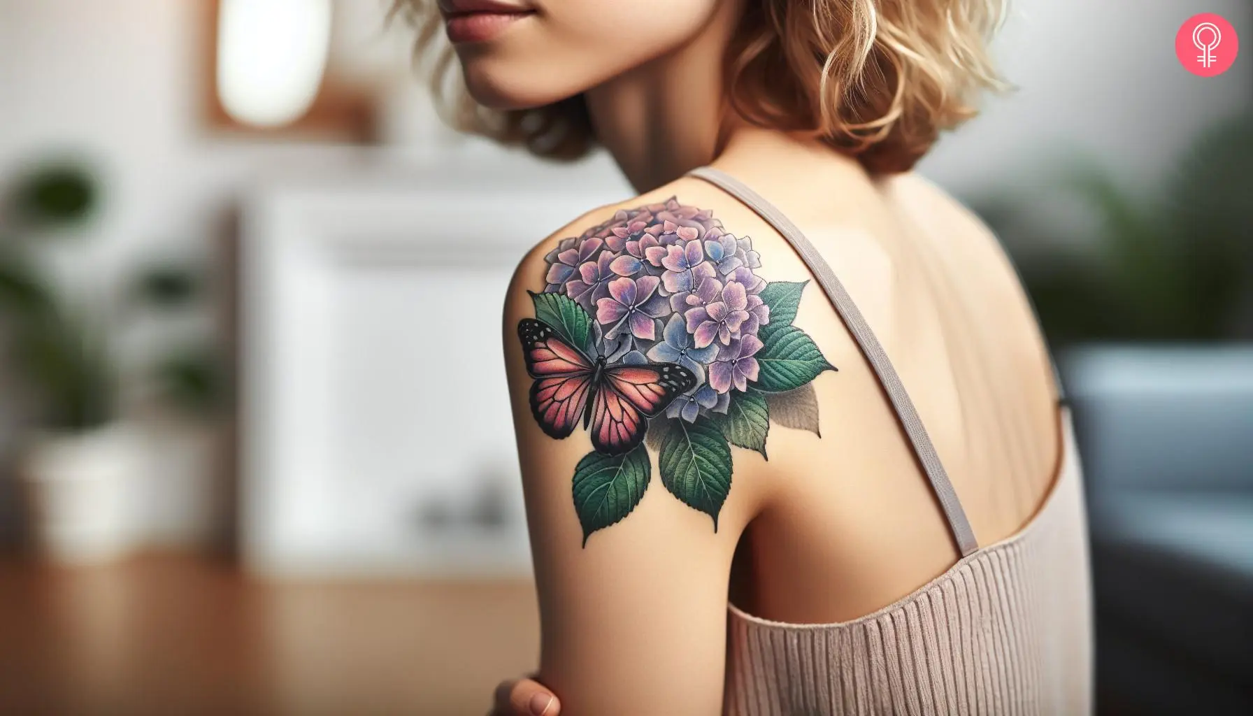 A realistic hydrangea tattoo on the shoulder of a woman