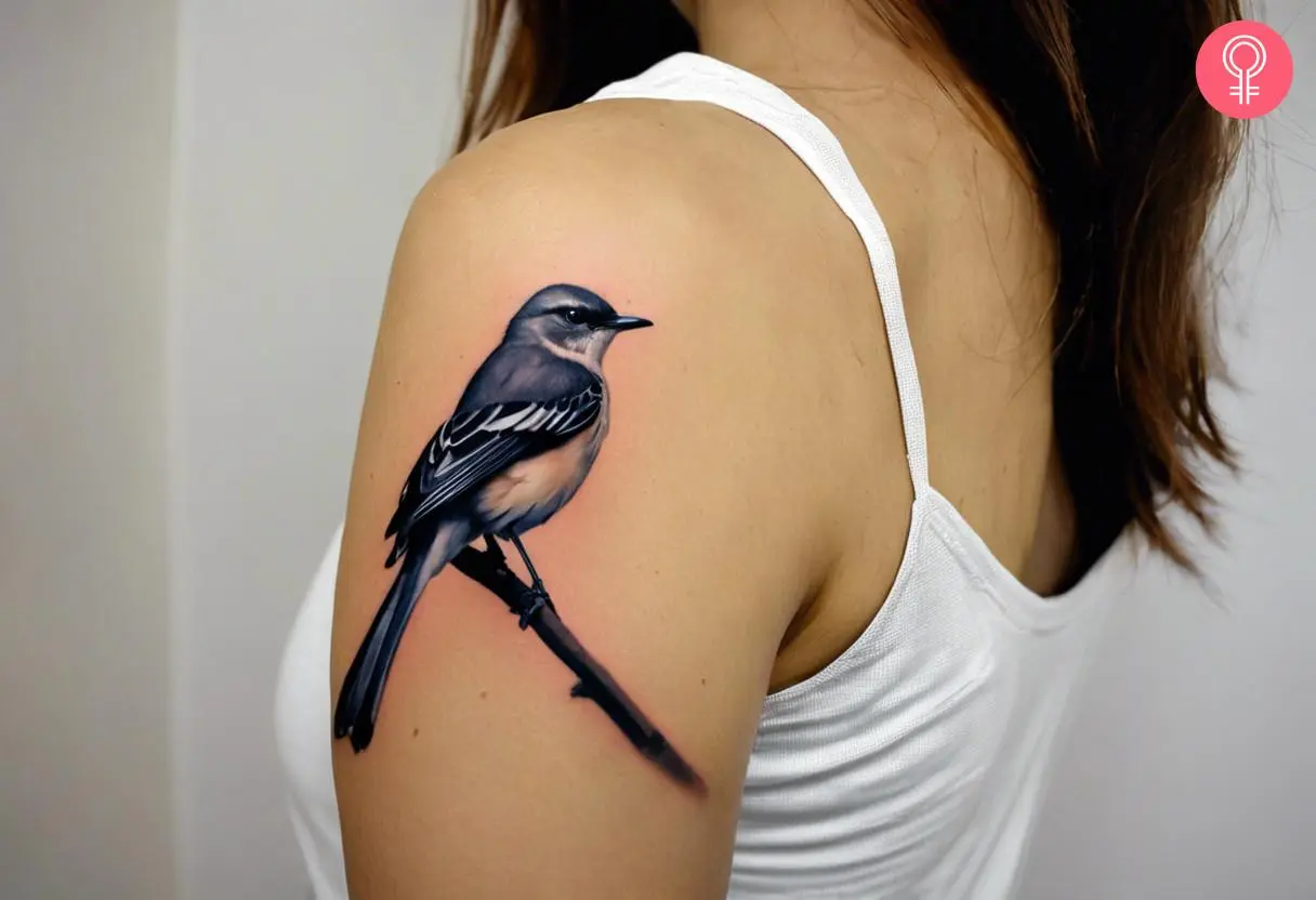 A realistic mockingbird tattoo on a woman’s upper arm