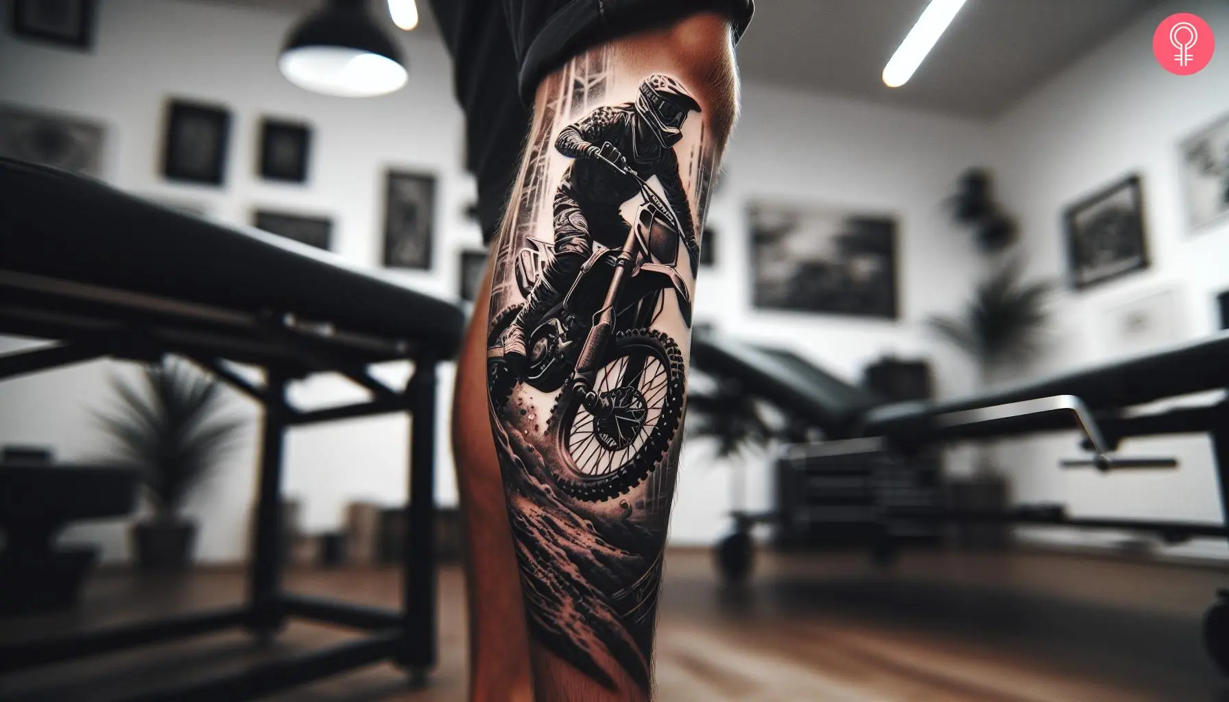 A realistic motocross racer tattoo on a man’s calf