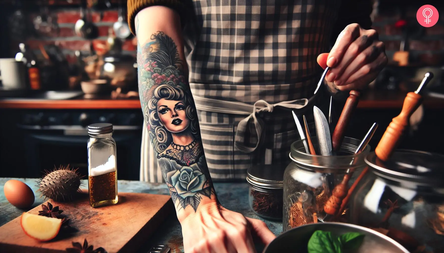 A realistic pin-up girl tattoo on a woman’s forearm