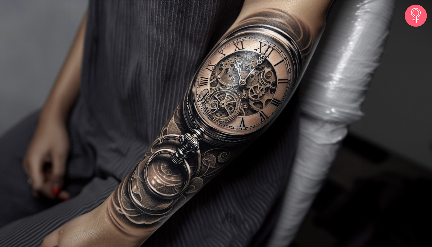 A realistic pocket watch tattoo on a woman’s arm