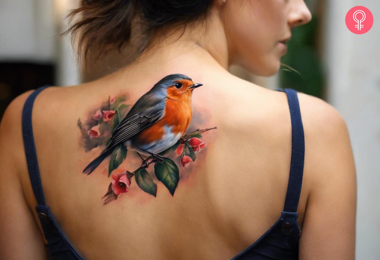 A realistic robin tattooed on the neck