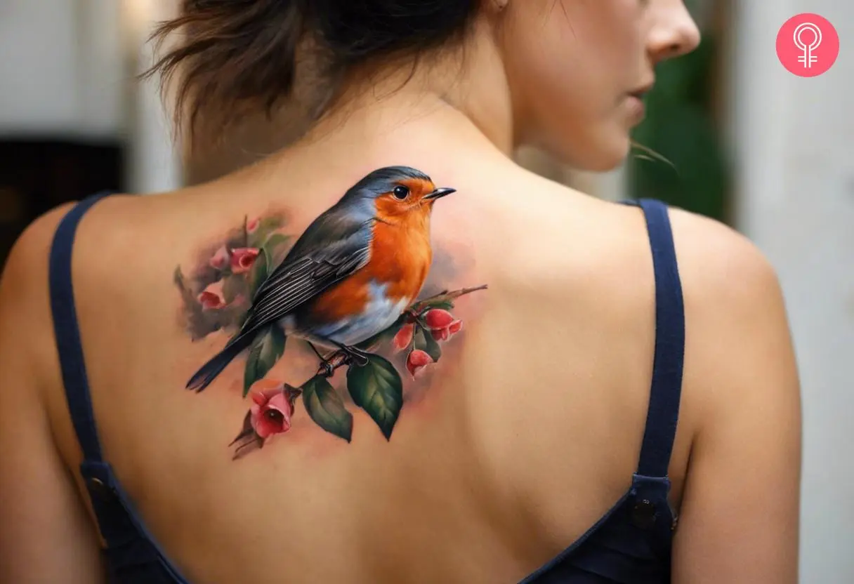 A realistic robin tattooed on the back of the neck