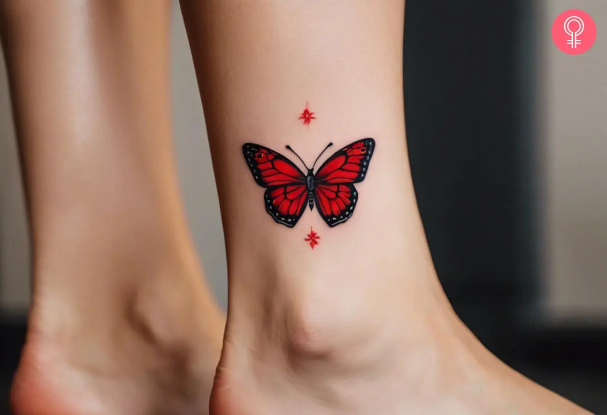 A red and black butterfly foot tattoo on the ankle