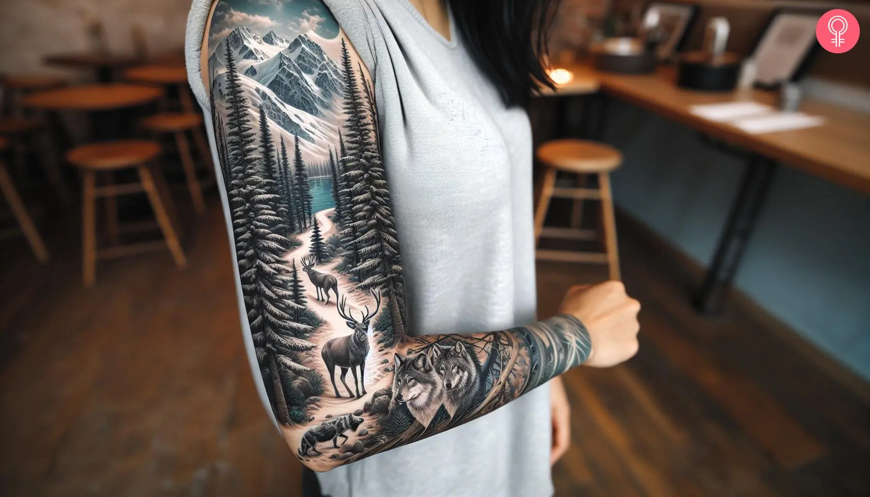 A reindeer sleeve tattoo on the woman’s forearm