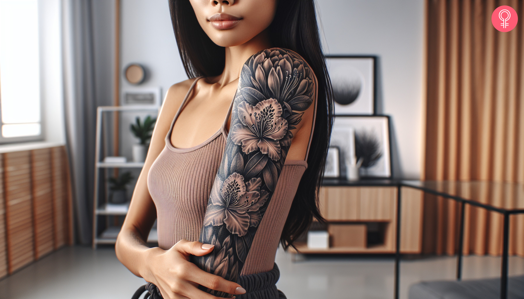 A rhododendron flower tattoo sleeve