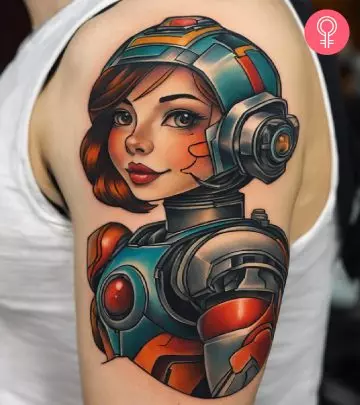 A robot tattoo on a woman’s upper arm