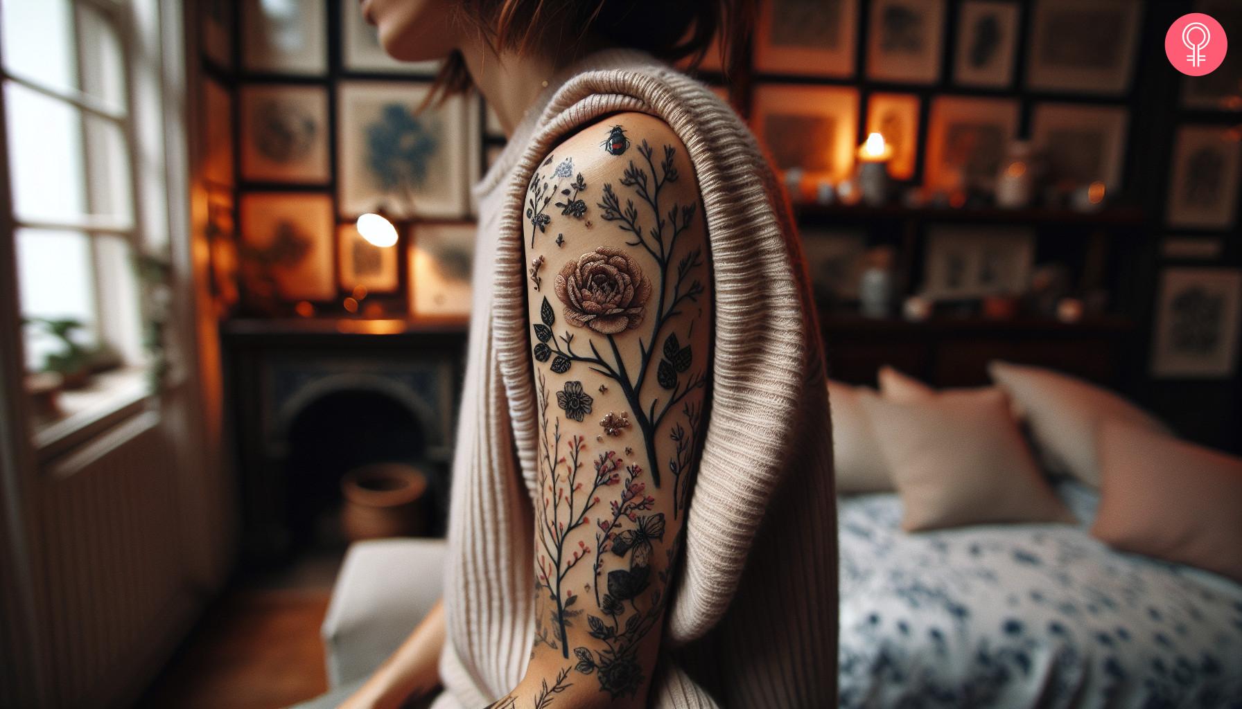 A rose gap filler tattoo on a woman's upper arm