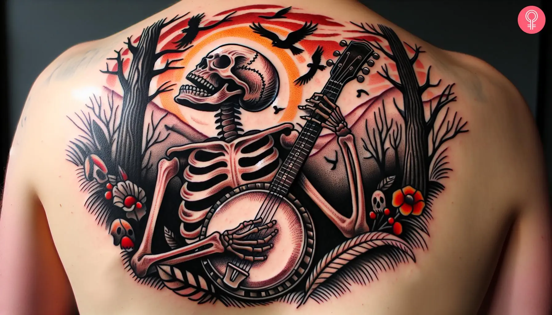 A scenic tattoo of a skeleton playing a banjo inked on the upper back