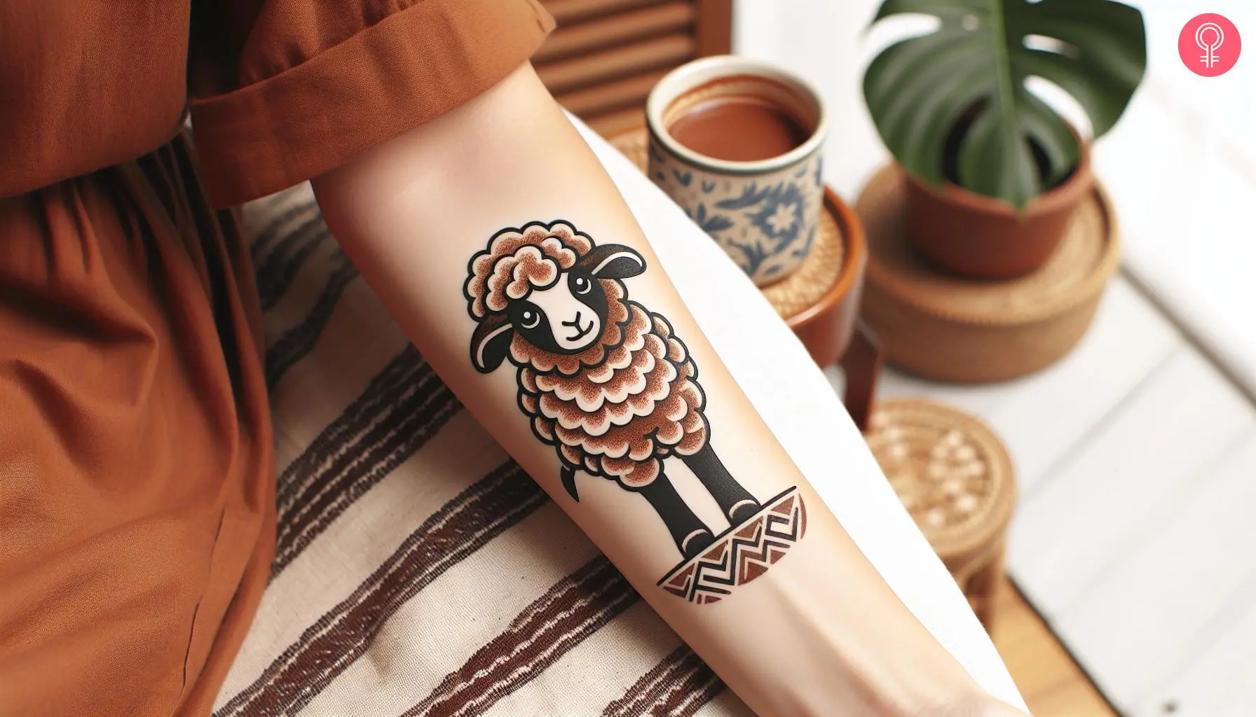 A sepia-toned neo-traditional cartoon sheep tattoo on the forearm