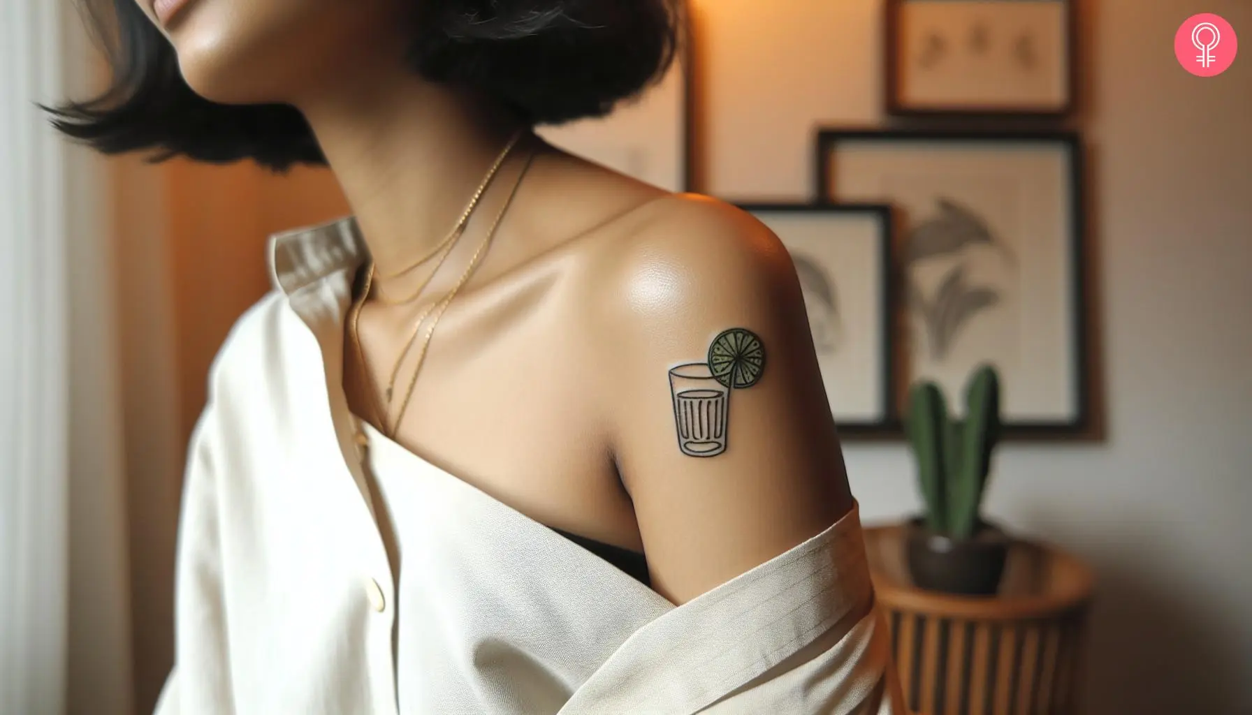 A shot glass with lime tattoo on the upper arm