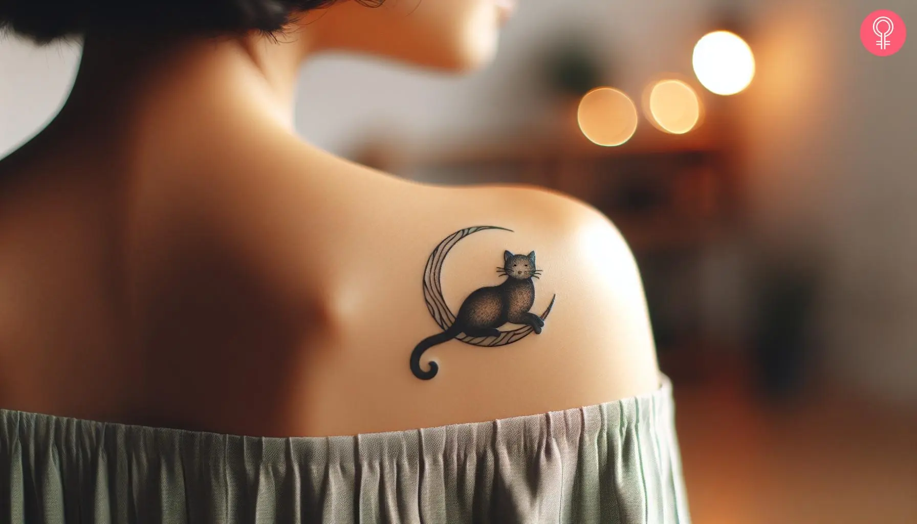 A shoulder tattoo depicting a cat sitting on the moon