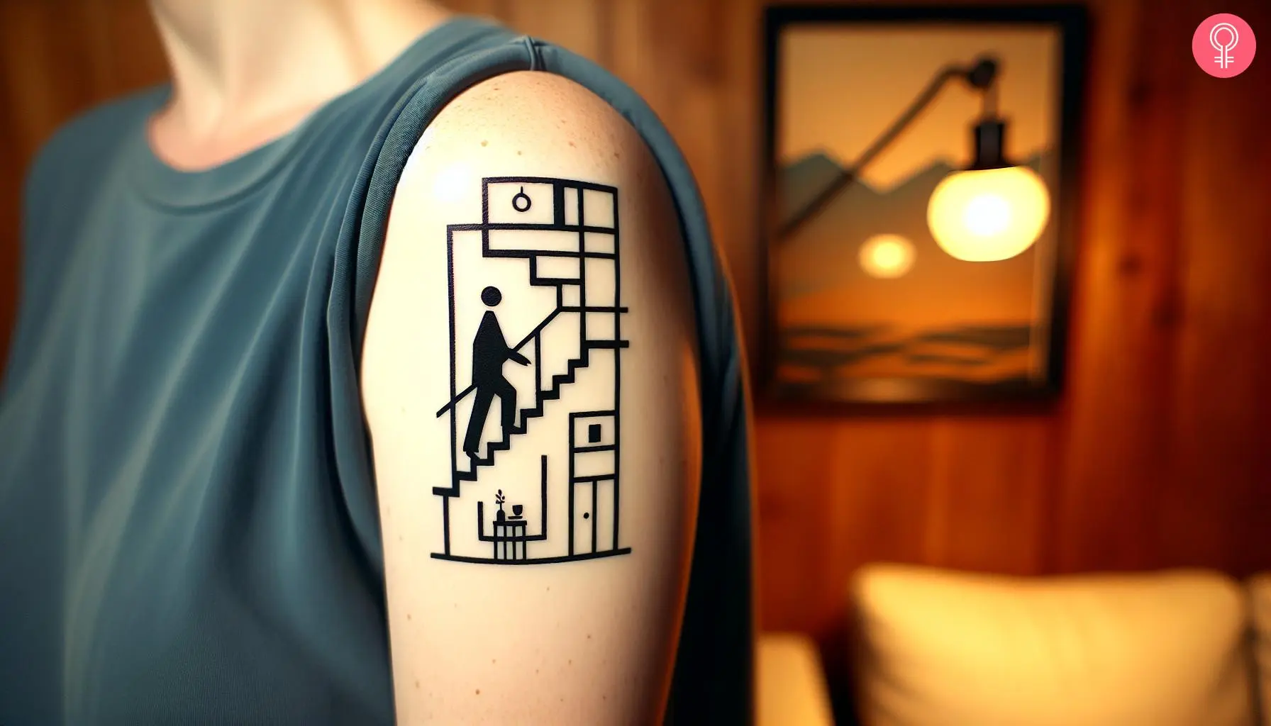 A shoulder tattoo of a man walking up the stairs