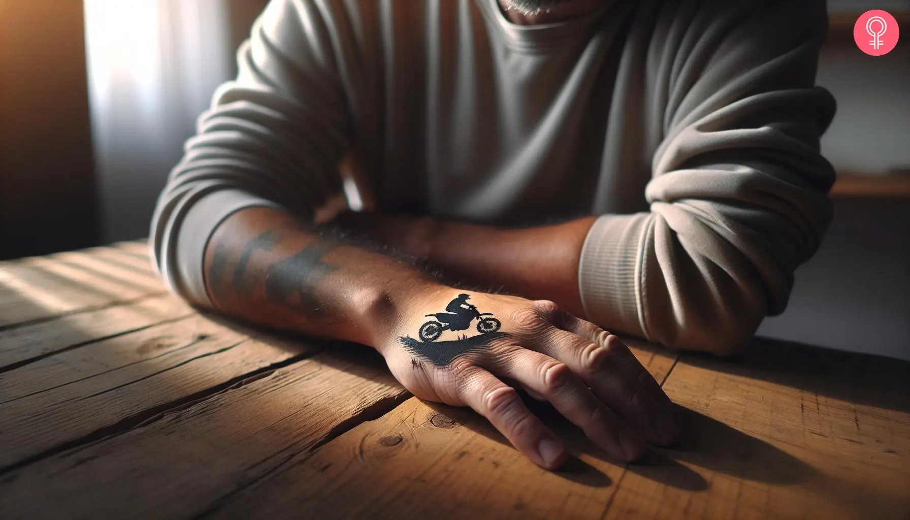 A silhouette motocross bike tattoo on the back of a man’s hand