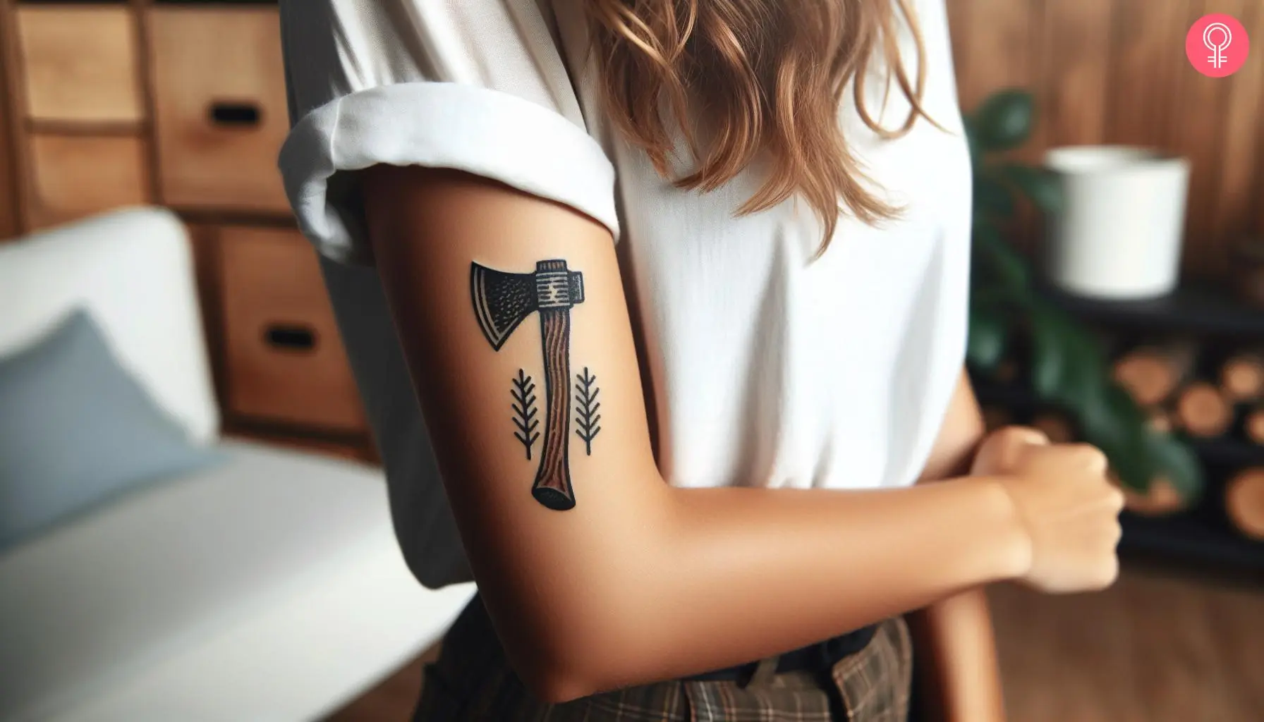 A simple axe tattoo on a woman’s arm