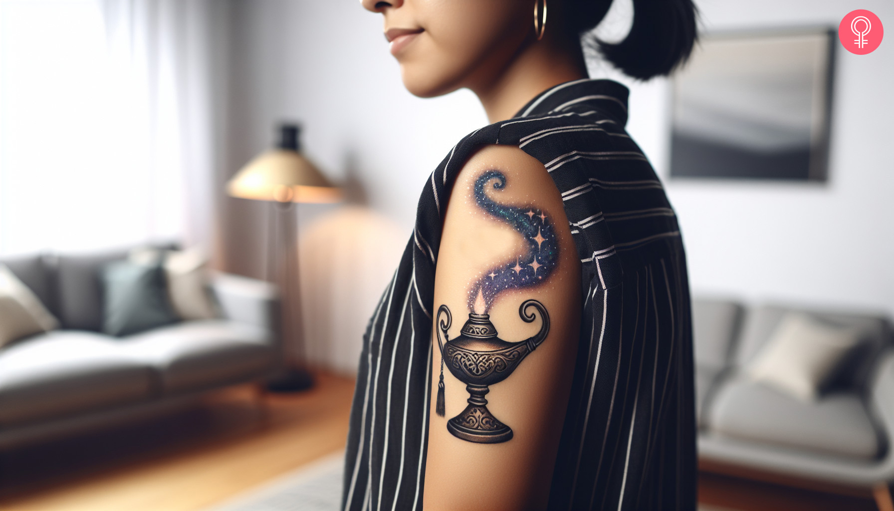 A simple fantasy tattoo on the upper arm featuring a magic lamp