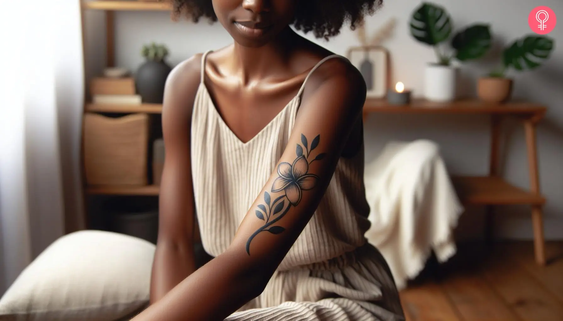 A single Plumeria flower tattoo on the upper arm of a woman