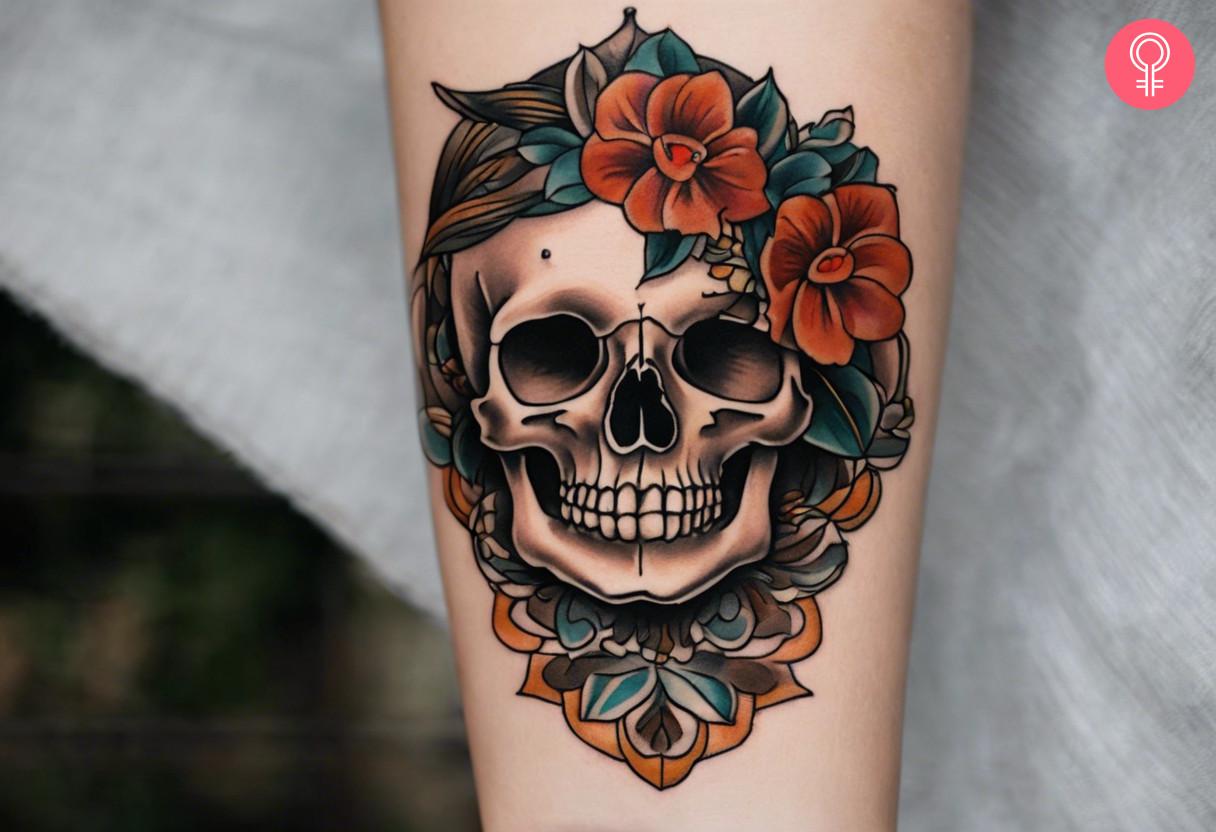 A skull tattoo with a wig and roses on the forearm