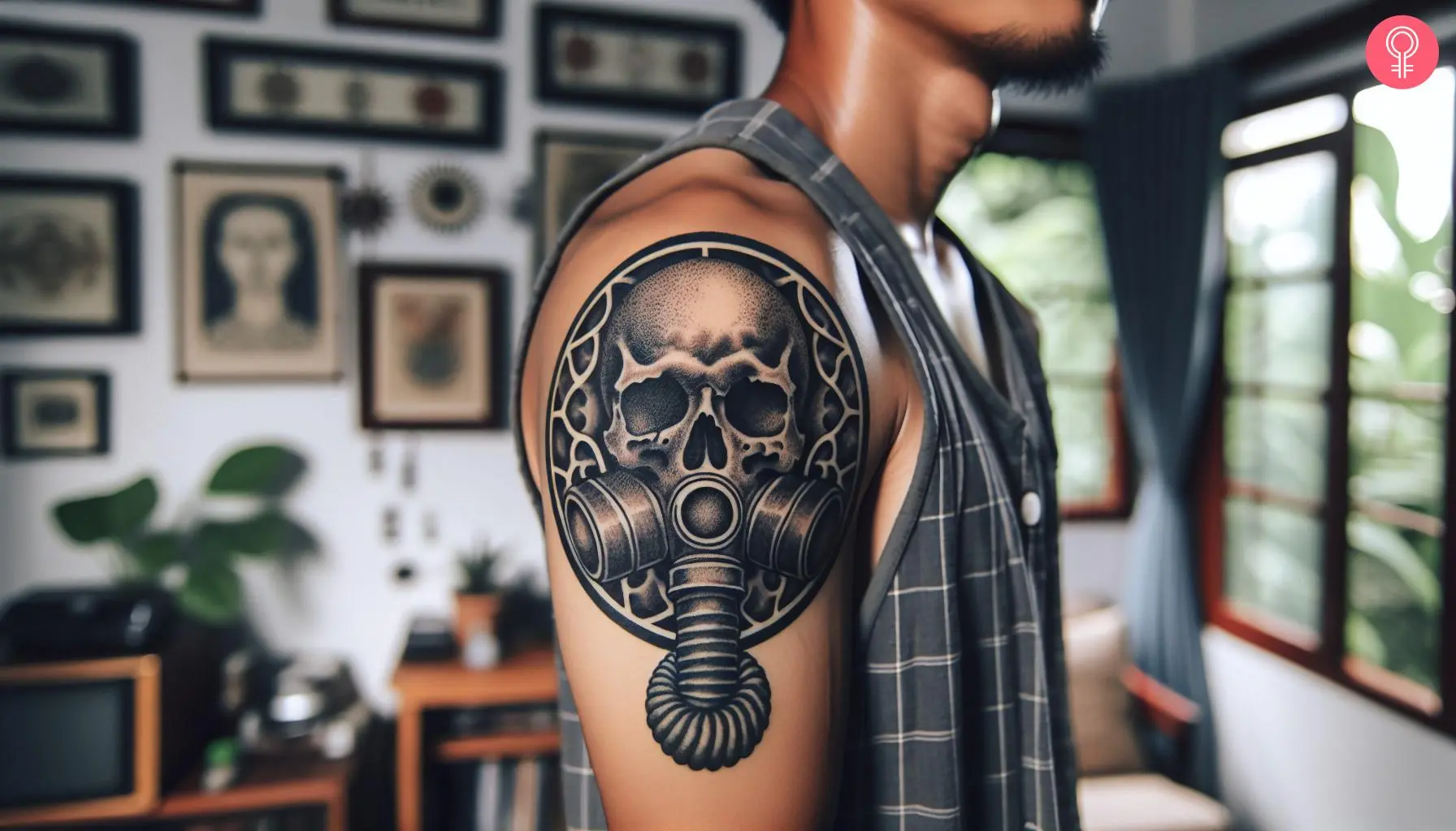 A skull with a gas mask tattoo on the upper arm of a man