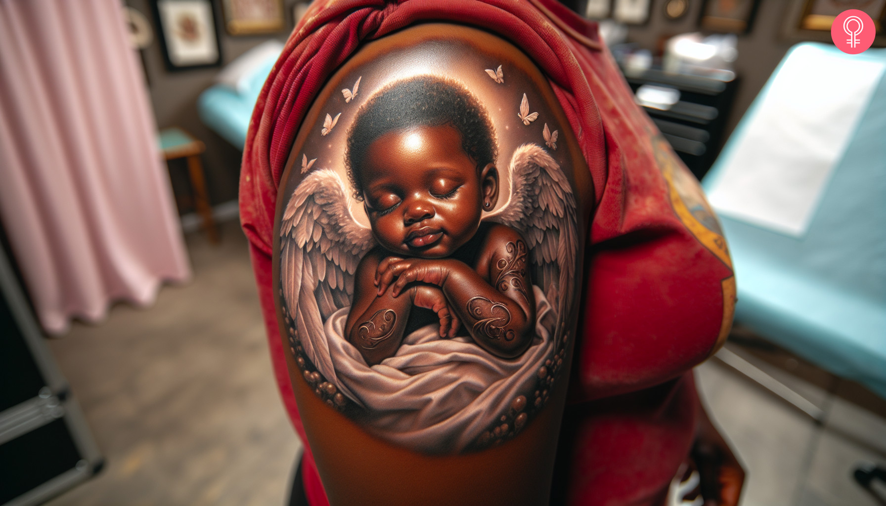 A sleeping baby angel tattoo on upper arm