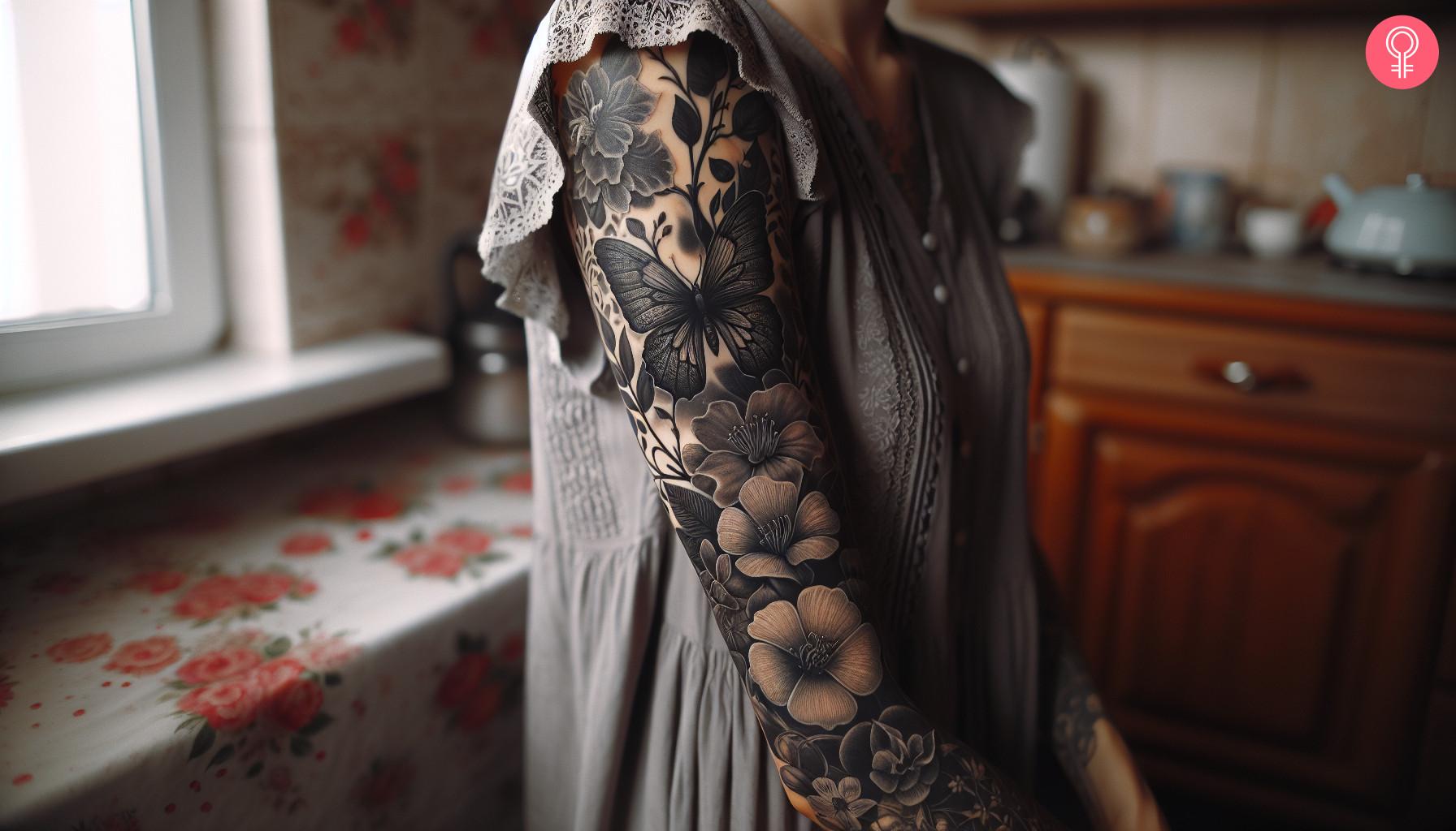 A sleeve hole filler tattoo on a woman's arm