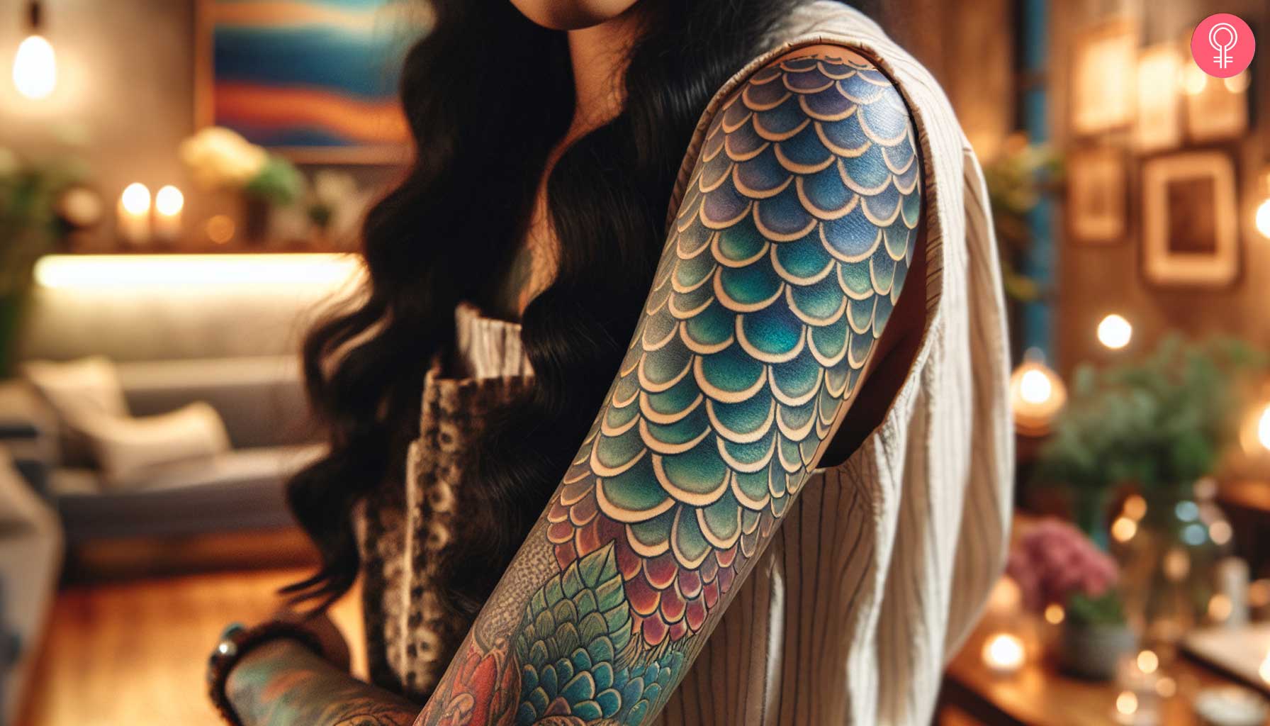 A sleeve mermaid scales tattoo on a woman’s arm