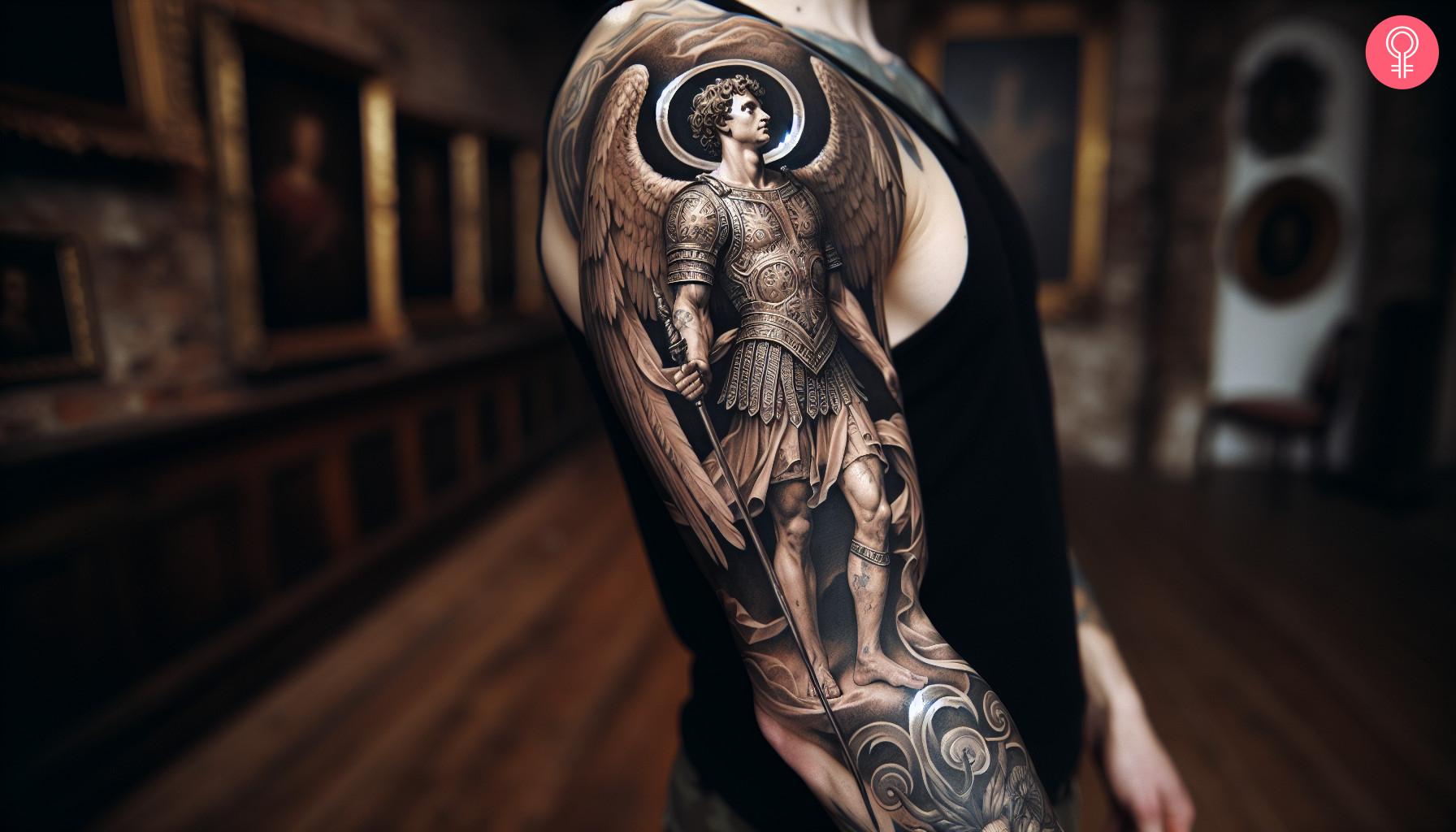 A sleeve tattoo featuring Michael with his wings and halo