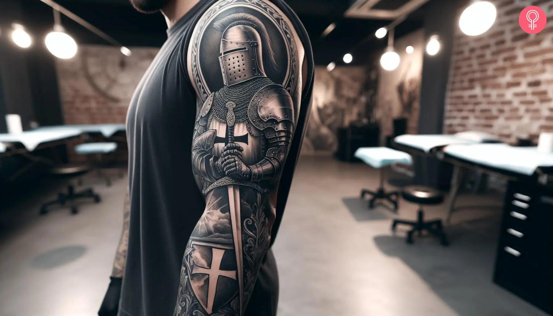 A sleeve tattoo featuring the upper body of a knight holding a sword