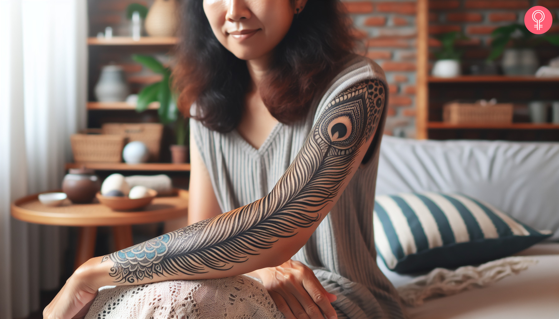 A sleeve tattoo of a peacock feather tattoo and a mandala