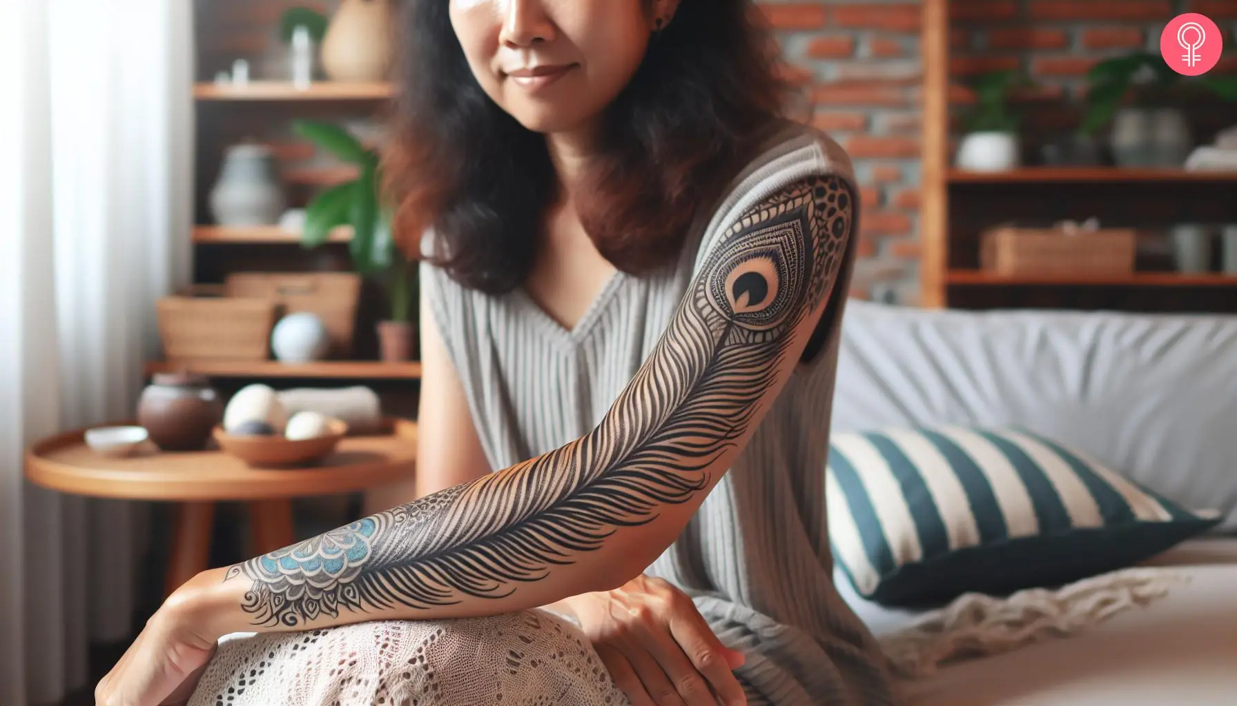 A sleeve tattoo of a peacock feather tattoo and a mandala