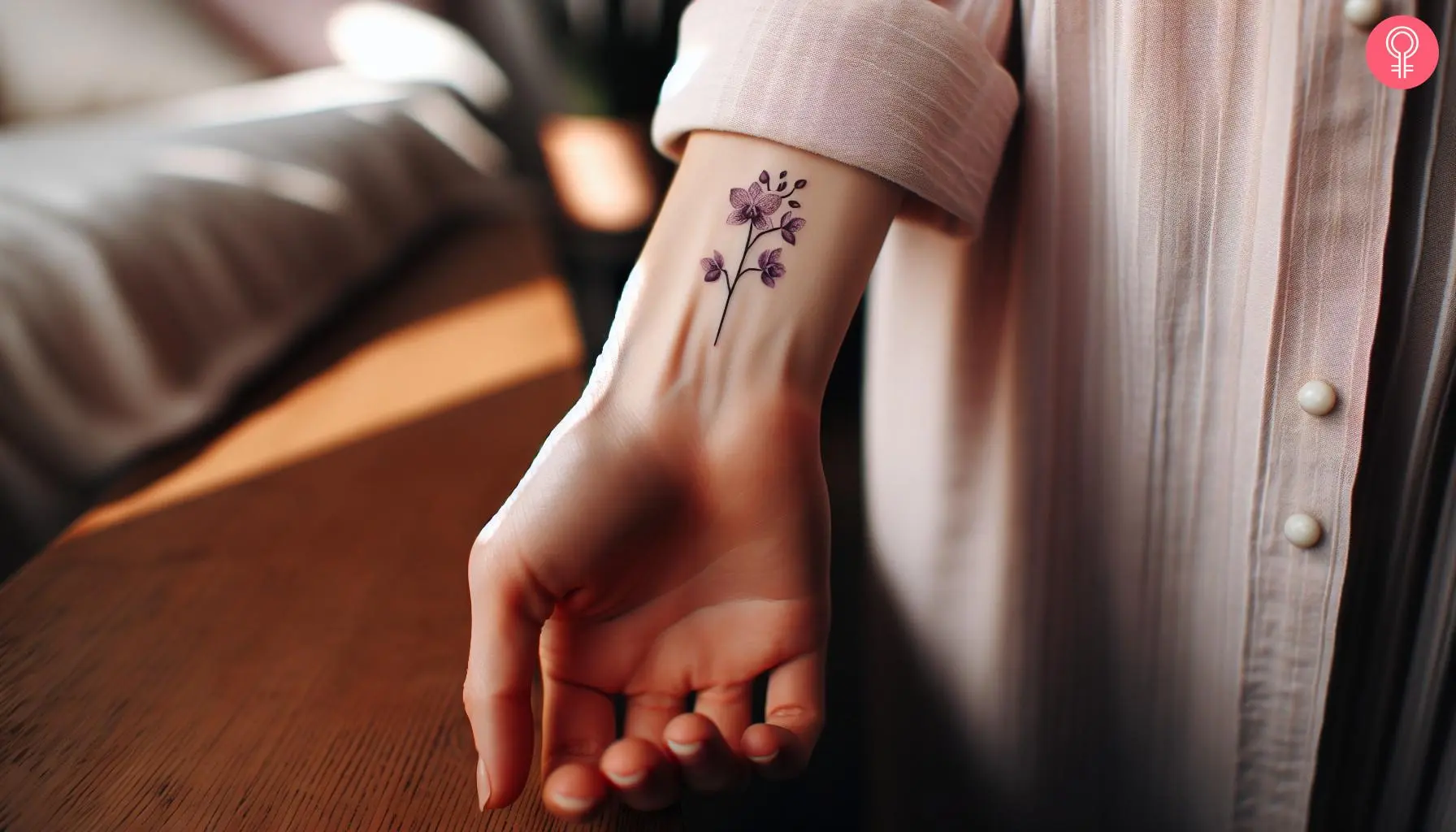 A small flower tattoo on the wrist of a woman