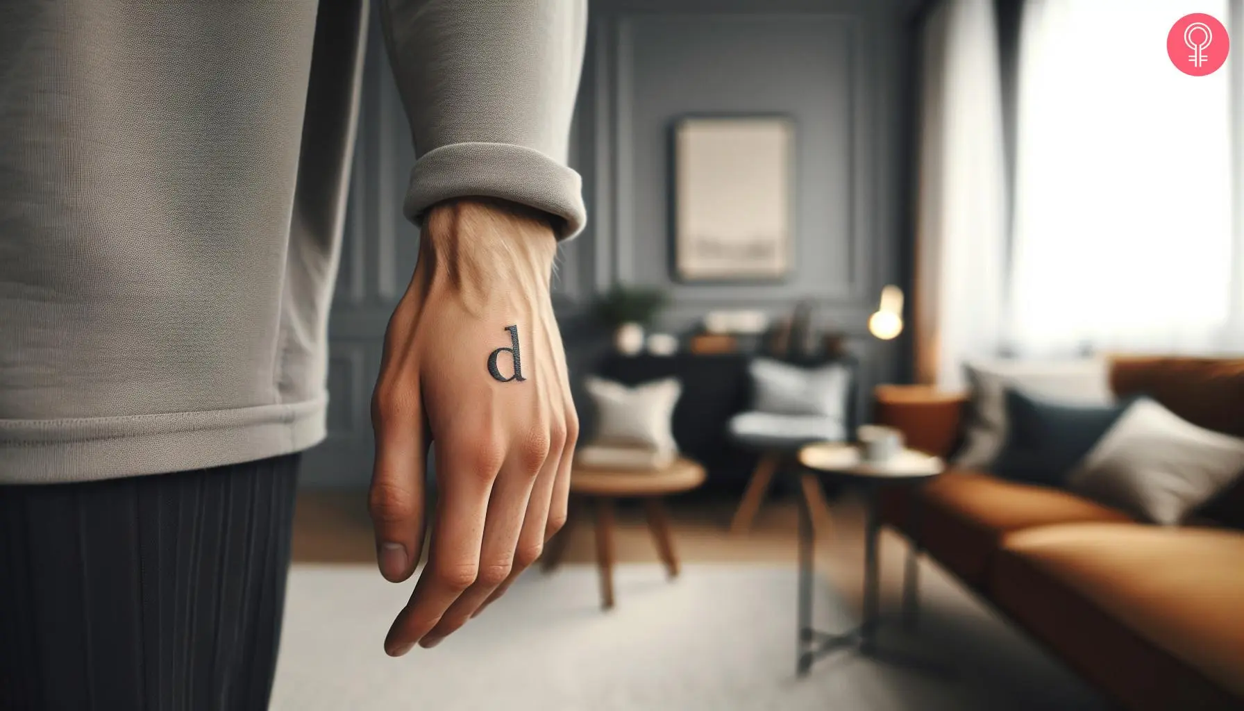 A small letter d tattoo on the back of the hand