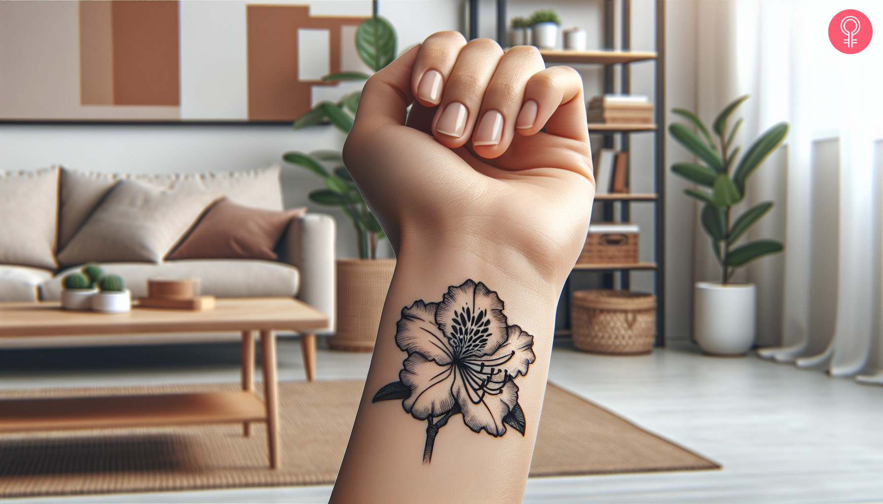 A small rhododendron tattoo on the wrist