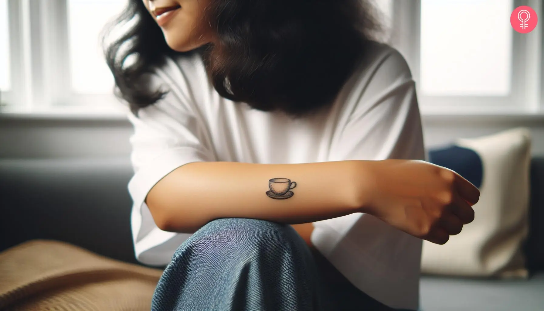 A small simple teacup tattoo on a woman’s forearm