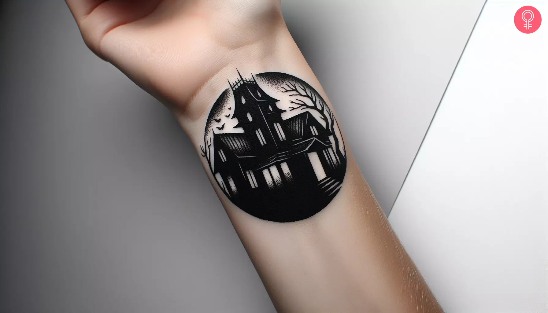 A small tattoo of the silhouette of a haunted mansion on the wrist