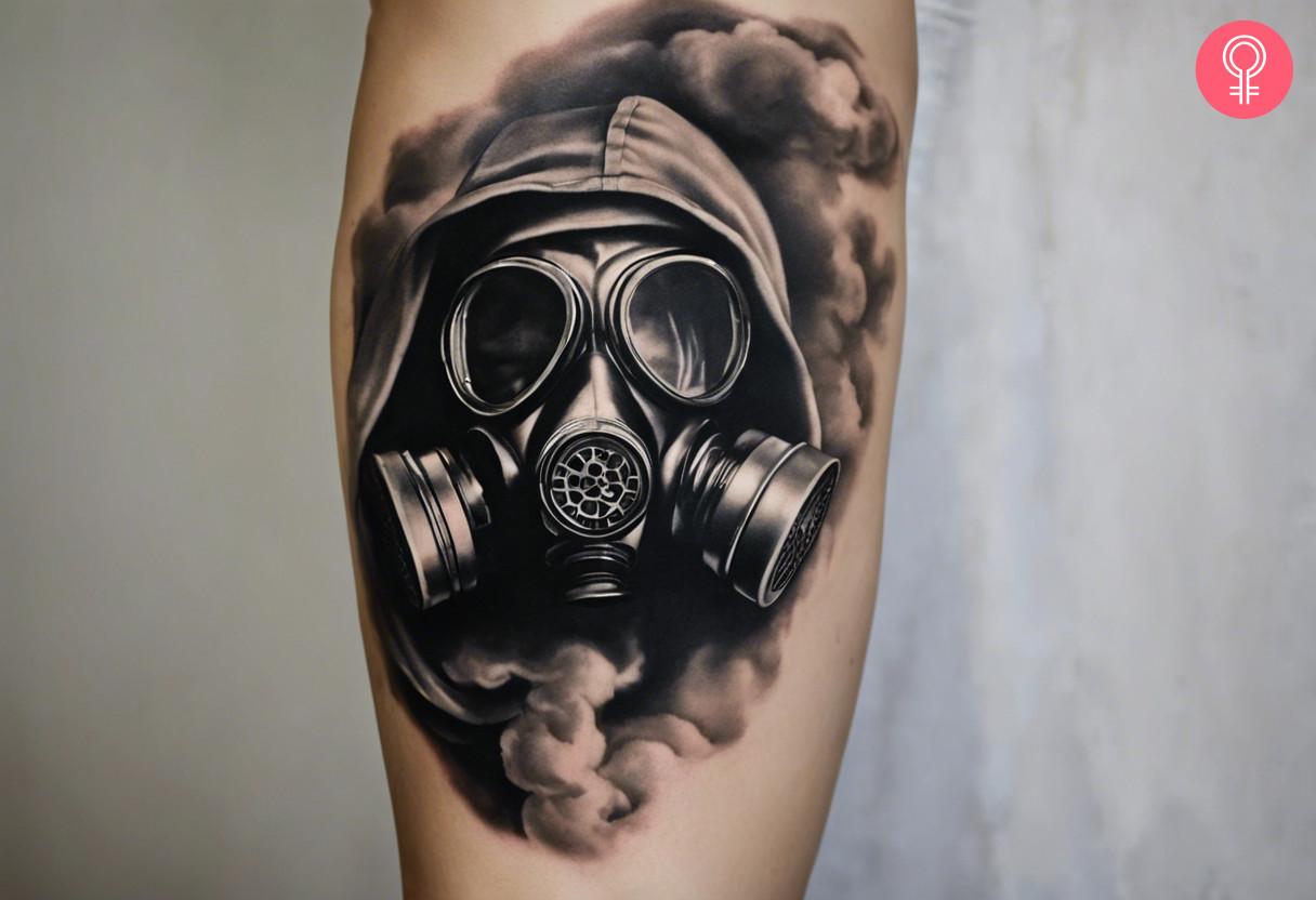 A smoke gas mask tattoo the forearm of a woman