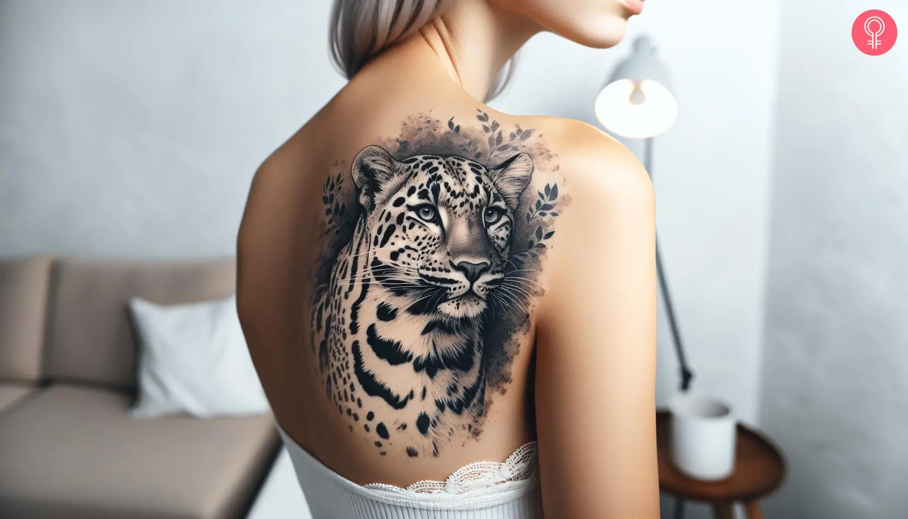 A snow leopard tattoo for women etched on the shoulder blade