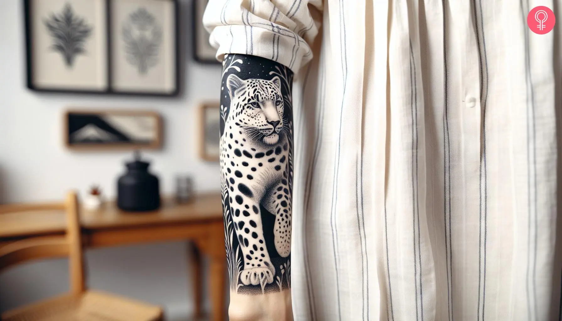 A snow leopard tattoo on the forearm