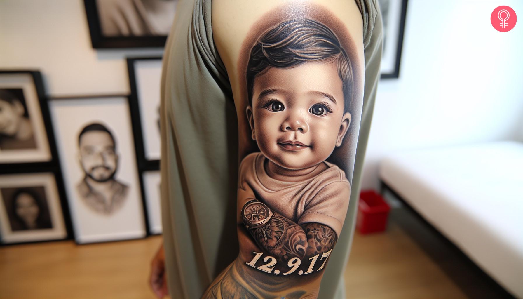 A tattoo of a son's birthday on the upper arm