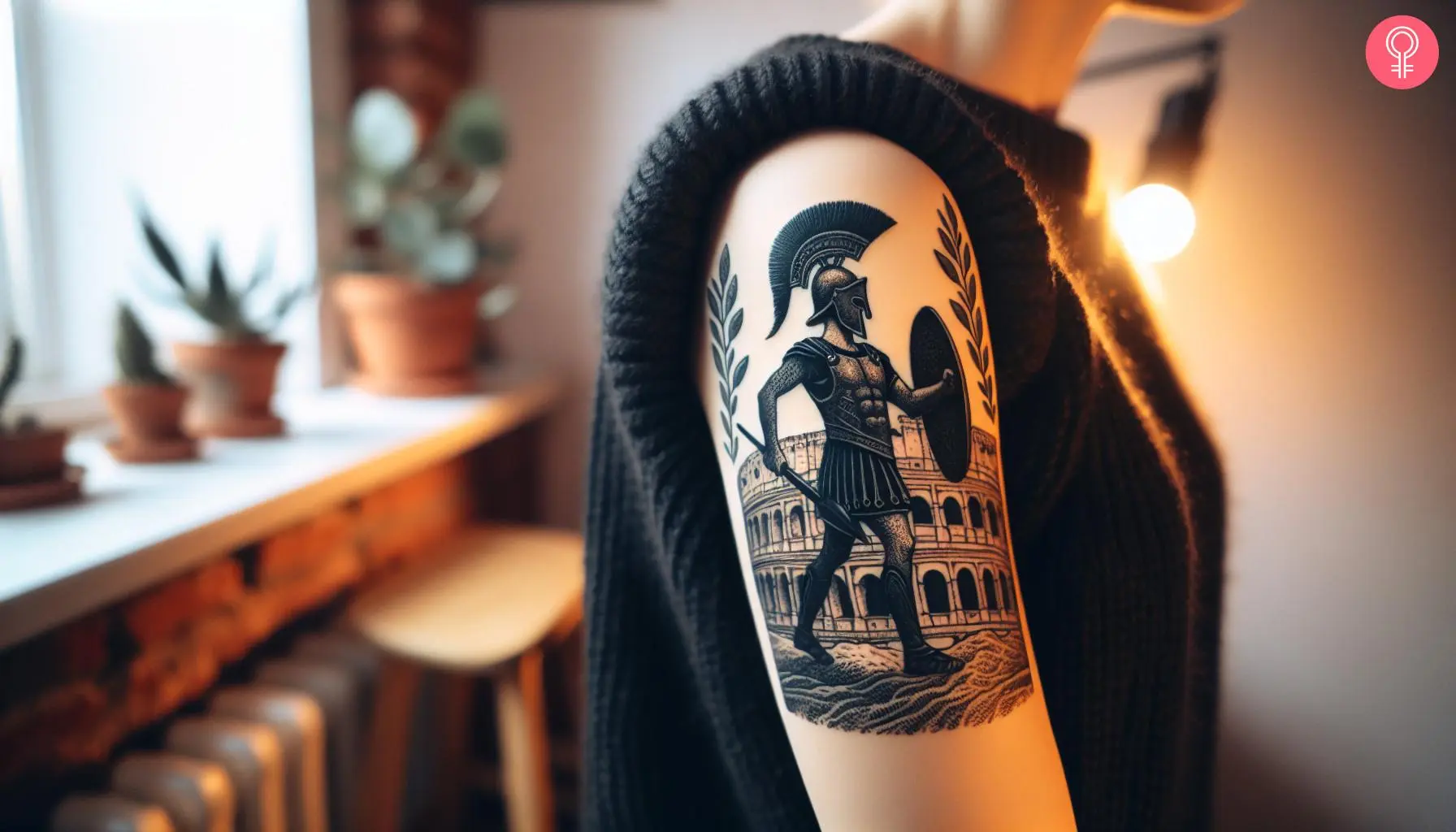 A spartan and colosseum tattoo on the upper arm of a man