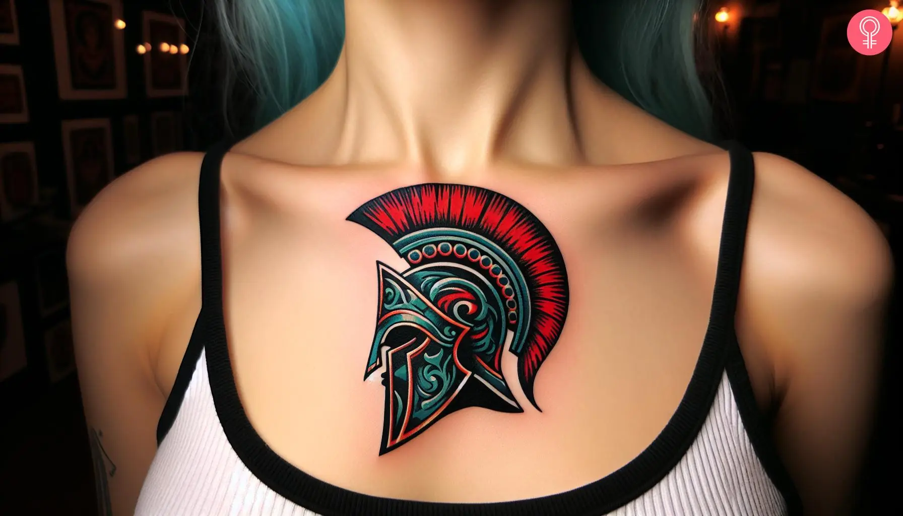 A spartan helmet tattoo on a woman’s upper chest