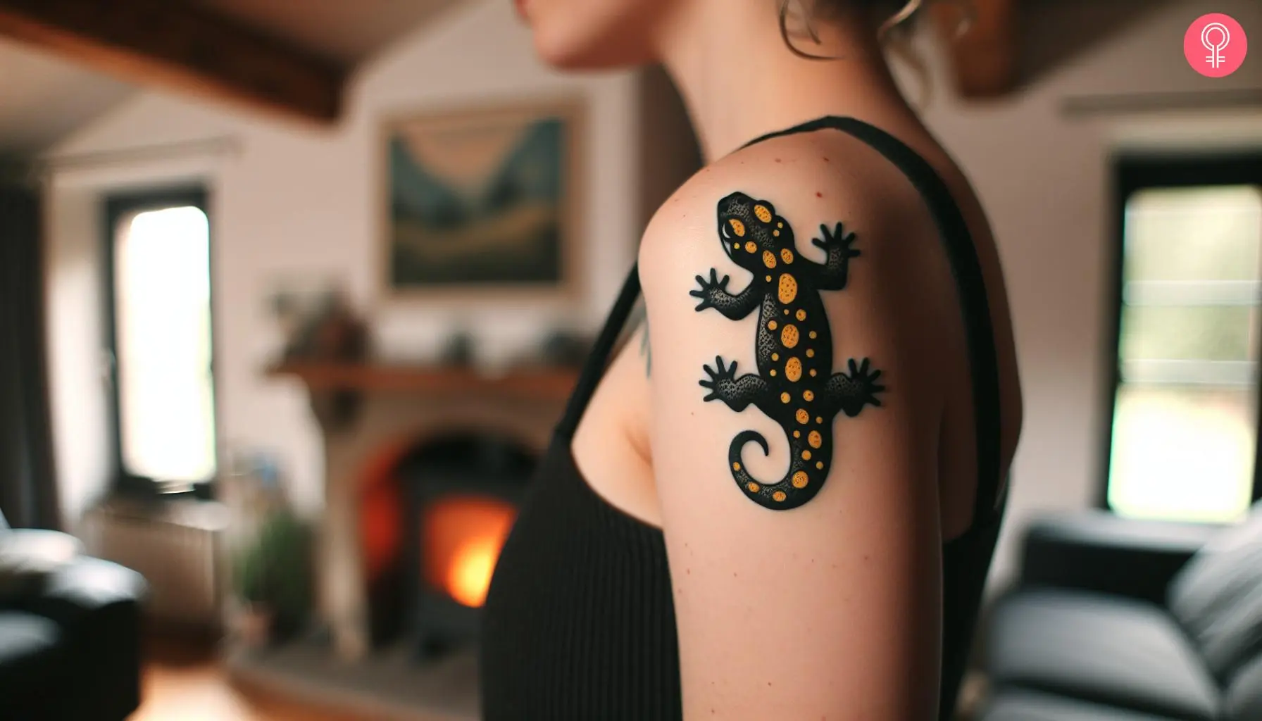 A spotted salamander tattoo on the upper arm of a woman