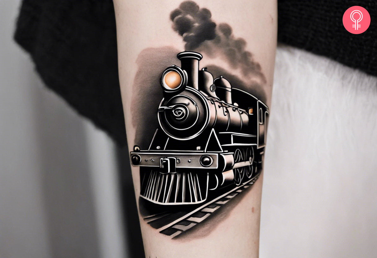 A steam engine tattoo on a woman’s forearm